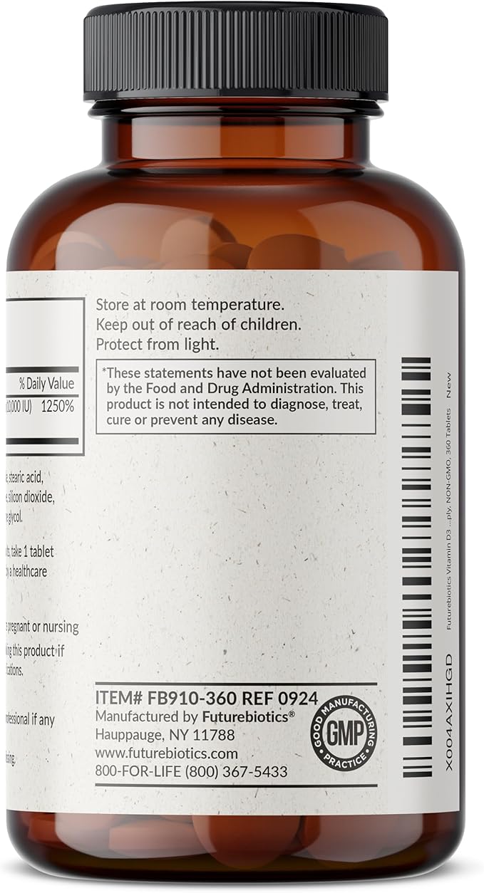 Futurebiotics Vitamin D3 10,000iu (250mcg) 360 Day Supply for Healthy Muscle Function and Immune Support, Non-GMO, 360 Tablets