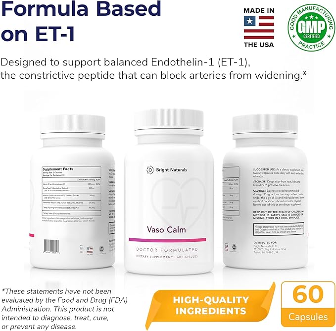 Vaso Calm - Healthy Blood Balance Supplement - Features Fermented Garlic, Celery and Grape Seed Extract, Hibiscus, and Vitamin K2 - Made in The USA, 180 Capsules