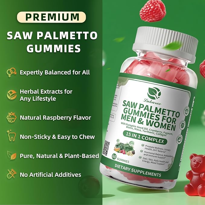 Saw Palmetto for Men & Women, 15 in 1 Saw Palmetto Extract Gummies with Pumpkin Seed Oil, Prostate Health Supplements for Men, Advanced DHT Blocker, Hair & Urinary Health Support, 2 Pack
