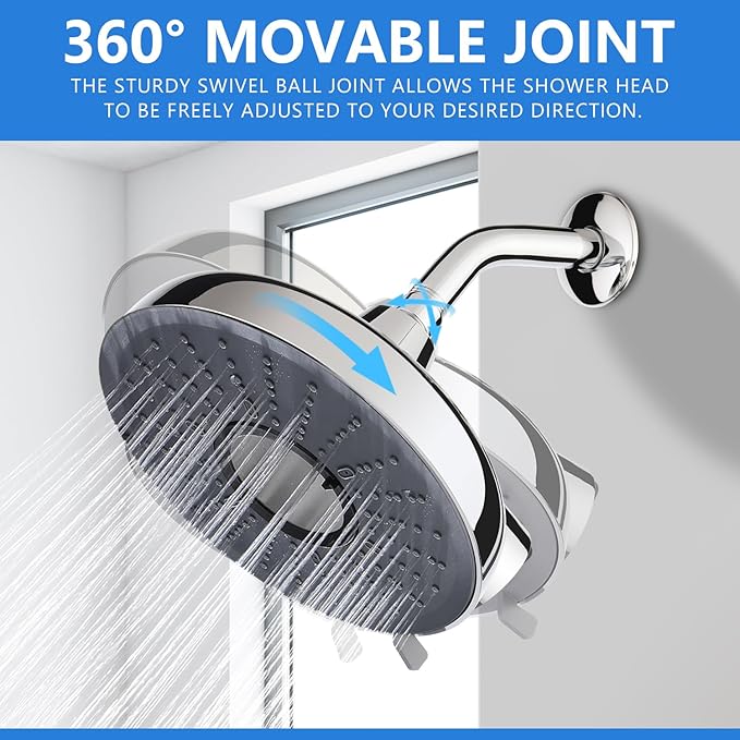 Filtered Shower head,8-Inch High Pressure Rainfall Showerhead, 360°Adjustable Swivel,3 Spray Patterns,15 Stage Shower Filter Combo(Chrome)