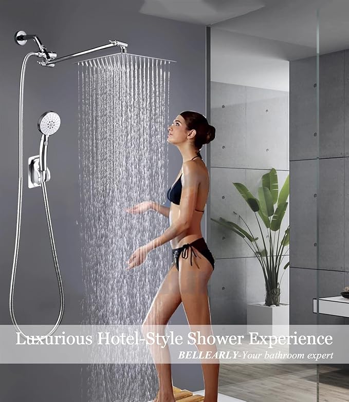 10 Inch Shower Head Combo, High Pressure Rainfall Shower Head with 4 Settings Handheld Spray and 11 Inch Brass Adjustable Extension Arm, 78'' Anti-leak Shower Hose, Chrome