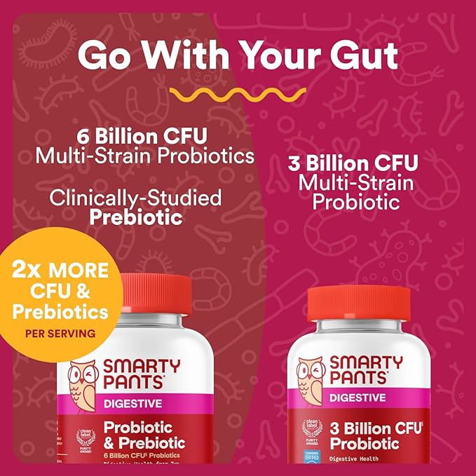 SmartyPants Adult Probiotic & Prebiotic Gummies for Digestive Health: 6 Billion CFU Gut Health Supplement, Clinically Studied Prebiotic for Immune Support, Grape, 60 Count (30 Day Supply)
