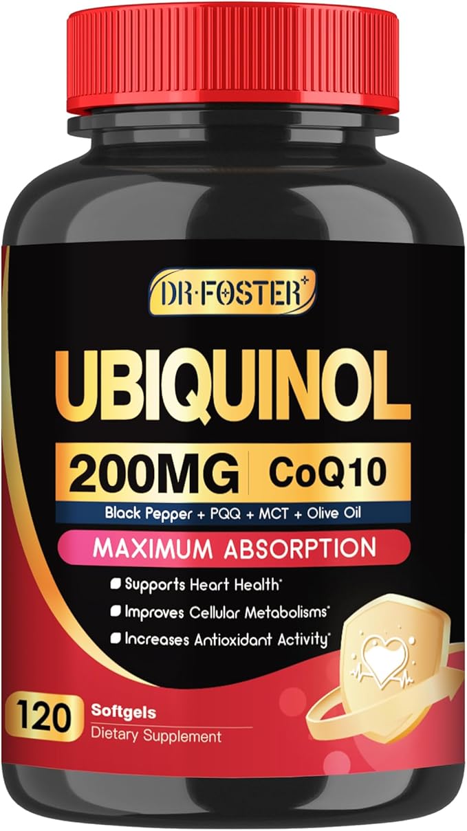 DRFOSTER Coq10 Ubiquinol 200mg, Coq10 200mg softgels, Max Absorption Ubiquinol with Vitamin E & PQQ & Black Pepper, Powerful Antioxidant, 120 Softgels