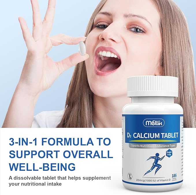 Calcium-Supplement Vitamin-D3 1200-mg Magnesium-Mini - 186Tablets Unflavored Slow Release Bone Health Women and Men Dietary Supplement Easy to Swallow Sugar Free