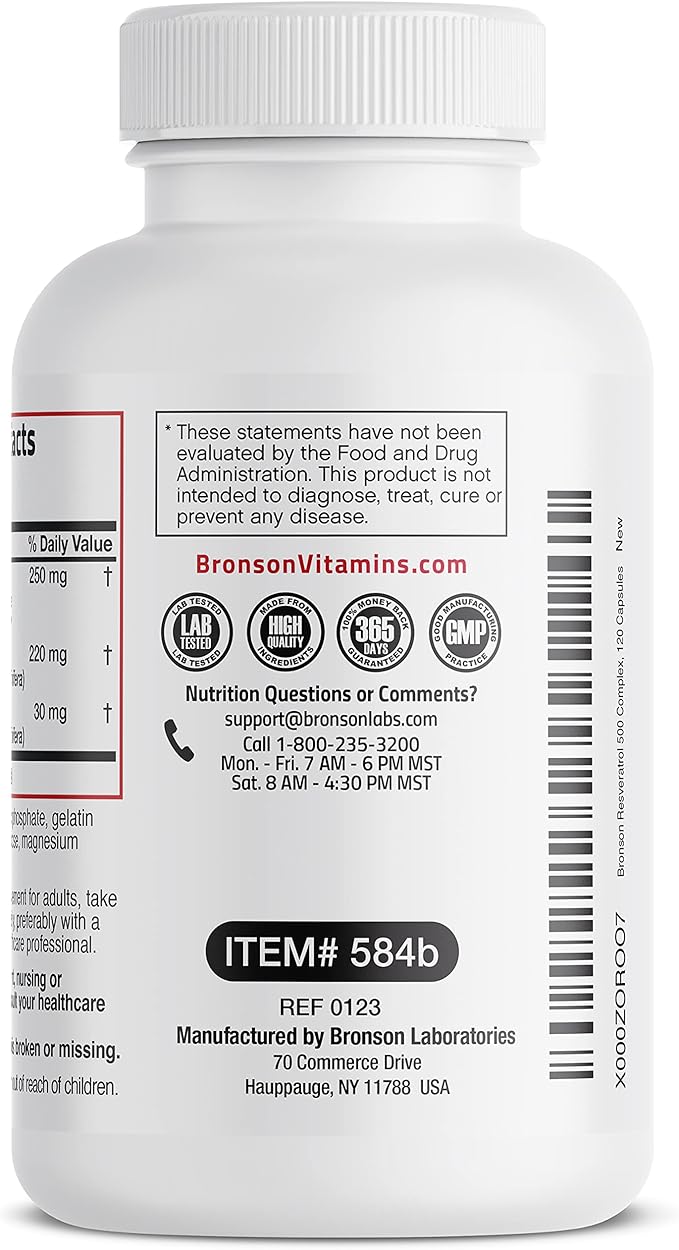 Bronson Resveratrol 500 Complex Standardized Trans-Resveratrol + Grape Seed & Red Wine Extract, 120 Capsules