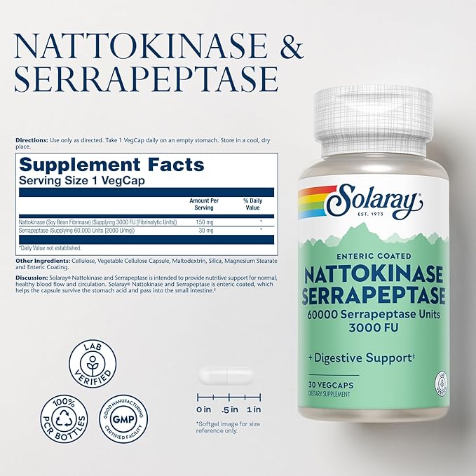 SOLARAY Nattokinase Serrapeptase Supplement - Enteric Coated - 3000 FU Nattokinase Supplement - Circulation, Cardiovascular, Sinus Support - Lab Verified, 60-Day Guarantee - 30 Servings, 30 VegCaps