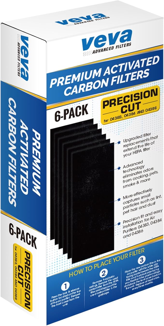 VEVA Pre-Filter Replacement Compatible with Hamilton Beach 04383, 04384, 04386 Air Purifier - 6 Pack - Smoke and Odor Eliminator Carbon Filters