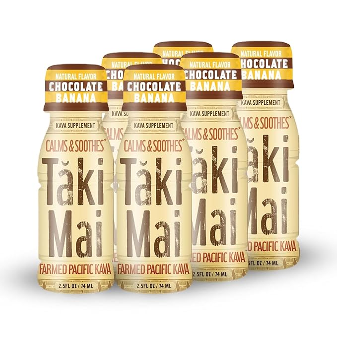 Taki Mai Chocolate Banana Kava Kava 2.5 oz (6-pack) Shots – Noble Kava Root Drink, Ready to Drink for Stress Support & Relaxation, Fast Acting Herbal Support for Calming Better Sleep and Balanced Mood