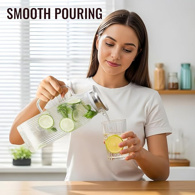 2 Liter/68 oz Square Glass Pitcher with Lid, Classic Stripes Water Pitchers with Handle for Fridge, Large Jug for Iced Tea, Coffee, Borosilicate Glass Carafe for Hot/Cold Brew Drink, Silver