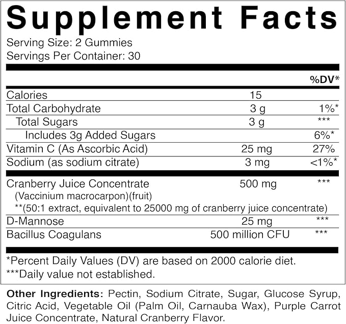 Vitamatic 2 Pack Vegan Cranberry Gummies with D-Mannose, Probiotic & Vitamin C for Women Urinary Tract Health - 25000mg Equivalent Per Serving (from 50:1 Extract 500 mg) - 60 Count