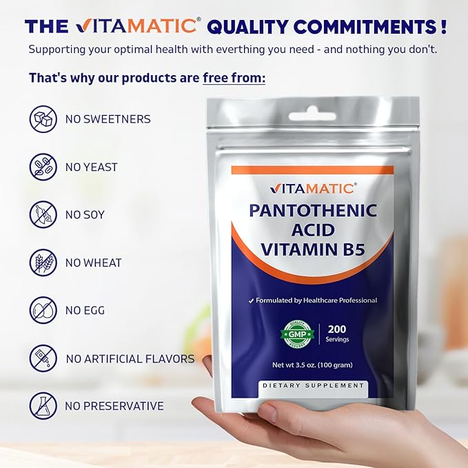 Vitamatic Pantothenic Acid Pure Powder 500 mg per Serving - 100 Grams - Also Called Vitamin B5-200 Servings