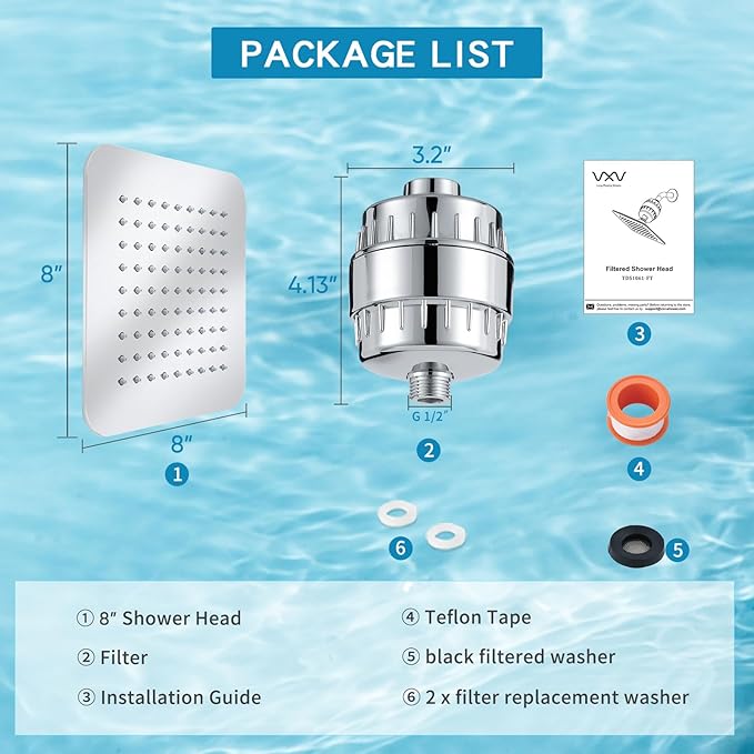 8'' High Pressure Filtered Shower Head Combo 20 Stage Shower Filter for Hard Water, Removes Chlorine & Harmful Substances (Chrome Polished)