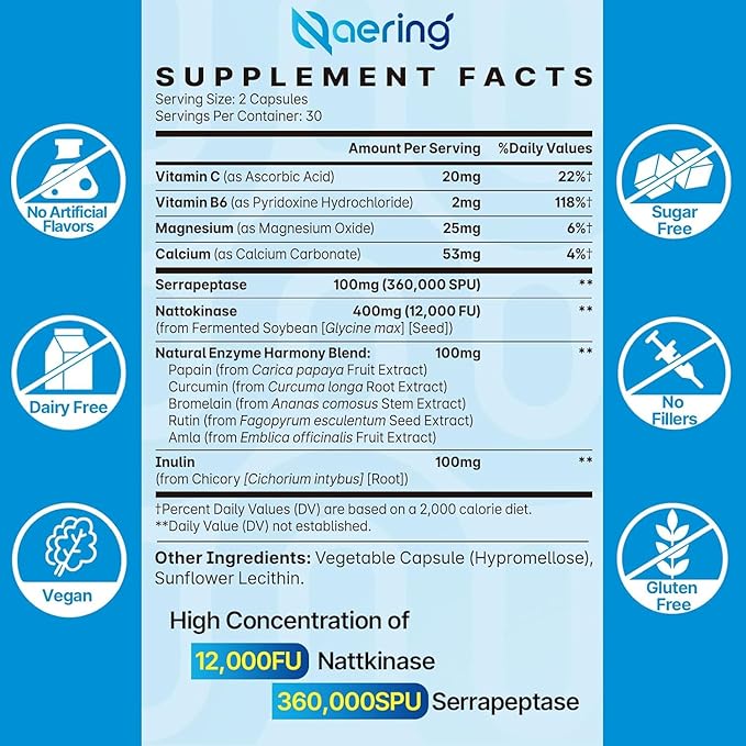 Liposomal Nattokinase 12,000 FU Serrapeptase 360,000 SPU Enzyme Supplement - Enriched with Synergistic Enzymes and Nutrient Blend & Inulin for Circulatory, Gut, Digestion 60 Capsules (1 Bottle)