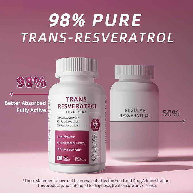 Resveratrol Supplement, 98% Pure Trans Resveratrol 600mg with Liposomal Delivery - Supports Antioxidant, Cholesterol Health, Heart Health, Energy - Vegan, 60 Capsules