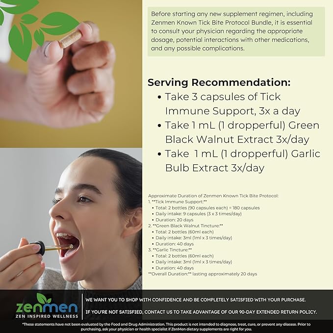 Zenmen Post Tick Bite Support Complete Bundle - Post Contact Protocol - 3 Tick Immune Support + 2 Garlic Tincture + 2 Green Black Walnut Tincture