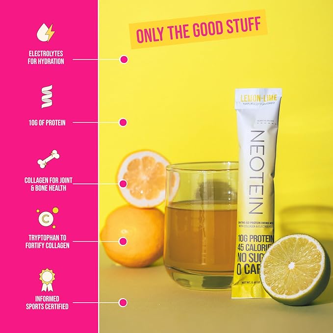 Electrolyte Powder Packets, Protein Powder with 10g Protein & Collagen | Hydration Packets - Zero Sugar, NO Fillers, NO Carbs | Lemon Lime | 45 Calories | Keto & Paleo | Pack of 15
