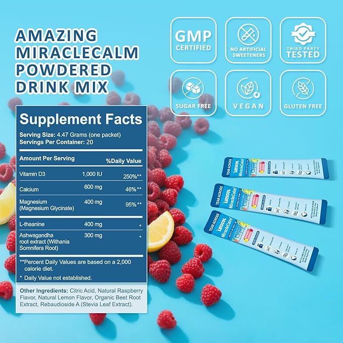 MiracleCalm Drink Mix Powder, Calm Magnesium Calcium Supplement, Cortisol Drink Powdered for Sleep, Relaxed & Focus with Easily Absorbed L-Theanine, Vitamin D3, Ashwagandha, Sugar Free (20 Packs)