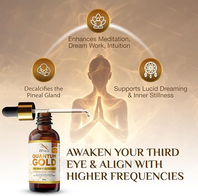 Quantum Gold 24K Ormus Gold Liquid | Pure Ormus Colloidal Monoatomic Gold Liquid and Utah Mineral Salts, 2oz. | Decalcify Pineal Gland, Supports Anti-Aging, Meditation, Yoga, Activate Third Eye.