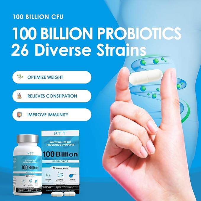 KTT Probiotics 100 Billion CFU - 26 Strains + Organic Prebiotics - Immune, Digestive & Gut Health - Supports Occasional Constipation, Diarrhea, Gas & Bloating - for Women & Men - 60ct