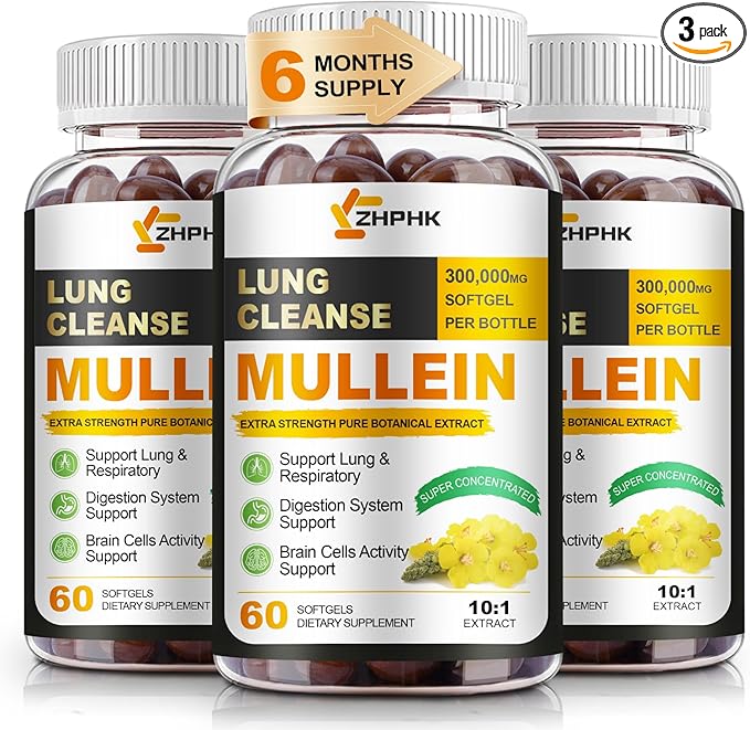 Mullein Leaf Extract for Lungs Softgels, Lung Detox for Smokers, Lung Cleanse Respiratory Lung Support, Herbal Supplements, Vegan, Non-GMO, Immune Digestive Support, 180-Count, 180 Days Supply