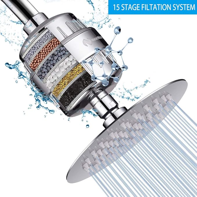NearMoon High Output 15 Stage Shower Filter - Filtered Shower head softener for Hard Water,Reduces Dry Itchy Skin, Dandruff and Improves the Condition of Your Skin, Hair (Chrome Finish)