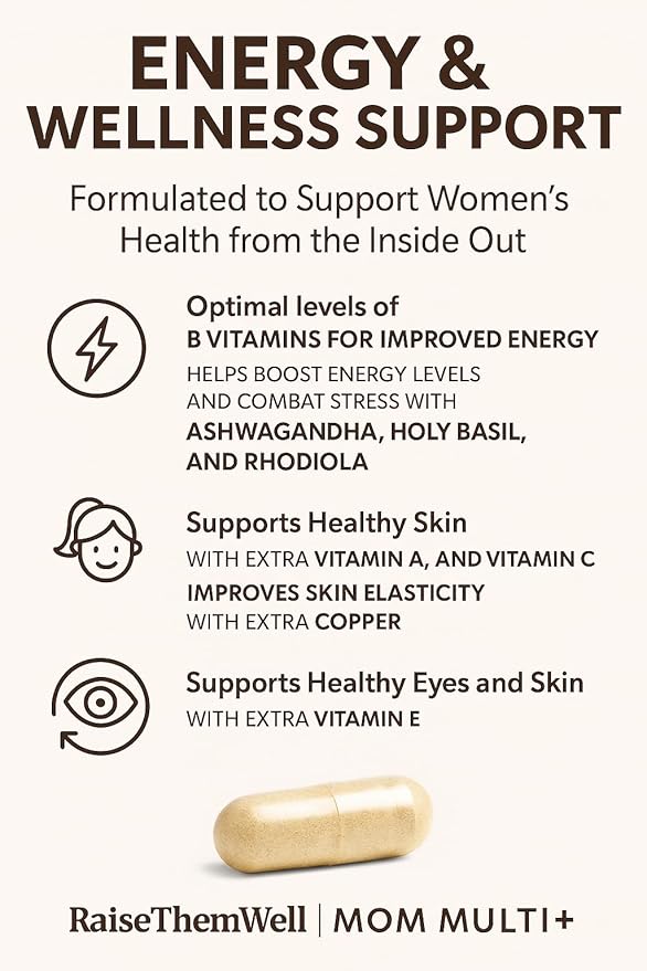 Mom Multi+ Daily Multivitamin for Women with Active Folate, Adaptogens & Bacopa, Energy, Stress & Cognitive Support, 120 Veggie Capsules