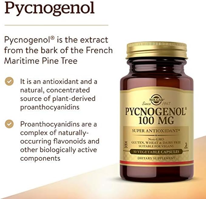 Solgar Pycnogenol 100 mg, 30 Vegetable Capsules - Antioxidant Protection - Healthy Leg & Vein Support - Non-GMO, Vegan, Gluten Free, Dairy Free, Kosher - 30 Servings