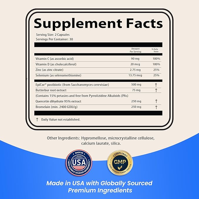Sinus, Histamine & Immune Support–Butterbur, EpiCor, Quercetin with Bromelain – Allergy Support Supplement – 60 AllerEzy Capsules