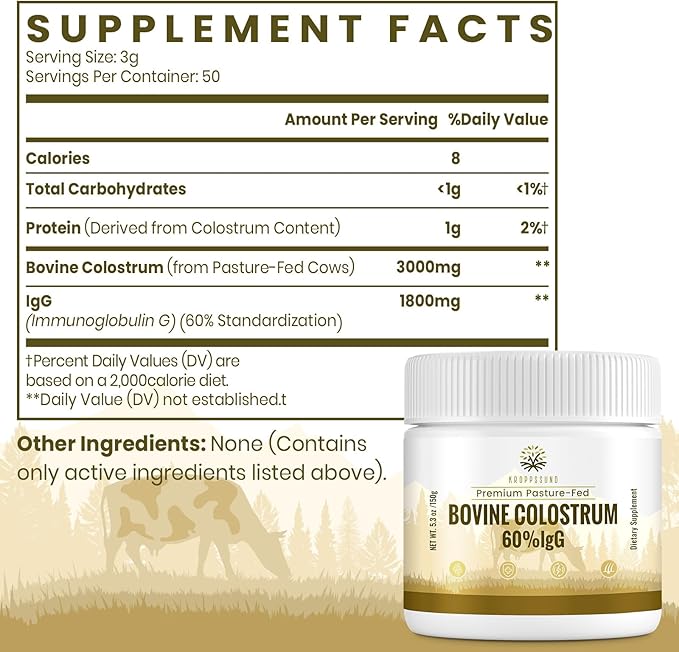 Kroppssund Bovine Colostrum Powder Supplement 3000 mg - Extra High 60% IgG Bovine Colostrum - Gut, Bone, Exercise, Immune - 50 Servings (1 Bottle)