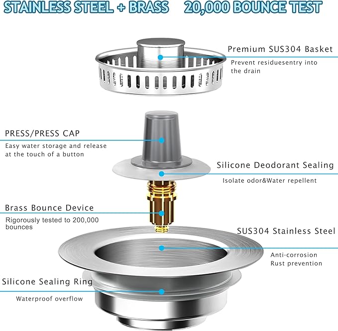 3-in-1 Kitchen Sink Drain Strainer & Stopper, Stainless Steel Food Catcher Plug with Filter Basket, Fits 3-1/2 Inch Drain Hole, Universal Sink Protector Cover, Anti-Clogging, Silver (1, Sus304)