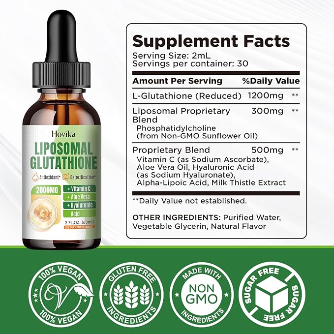 Liposomal Glutathione Supplement 2000mg, Liquid Glutathione Drops with Vitamin C, Master Antioxidants for Immune System, Aging Defense, Skin Headth, Liver Detox - Superior Absorption, Vegan 2 Fl Oz