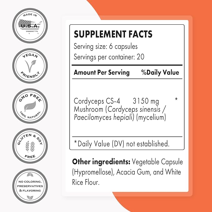 Supersmart - Cordyceps Cs-4 3150mg per Day (Hight Strength) - Cordyceps Mushroom Supplement - Endurance & Energy | Non-GMO & Gluten Free - 120 Vegetarian Capsules