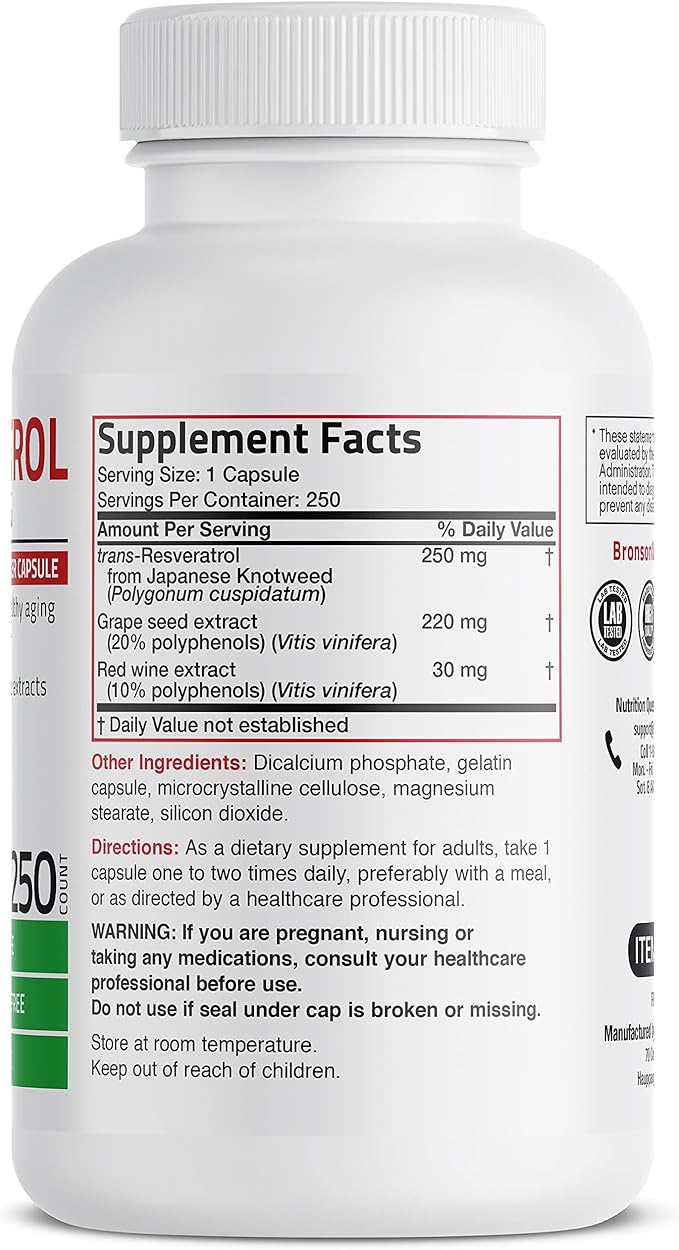 Bronson Resveratrol 500 Complex Standardized Trans-Resveratrol + Grape Seed & Red Wine Extract, 250 Capsules
