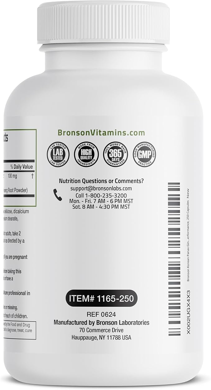Bronson Korean Panax Ginseng Supports Energy, Endurance & Vitality + Memory and Mental Performance, 250 Capsules