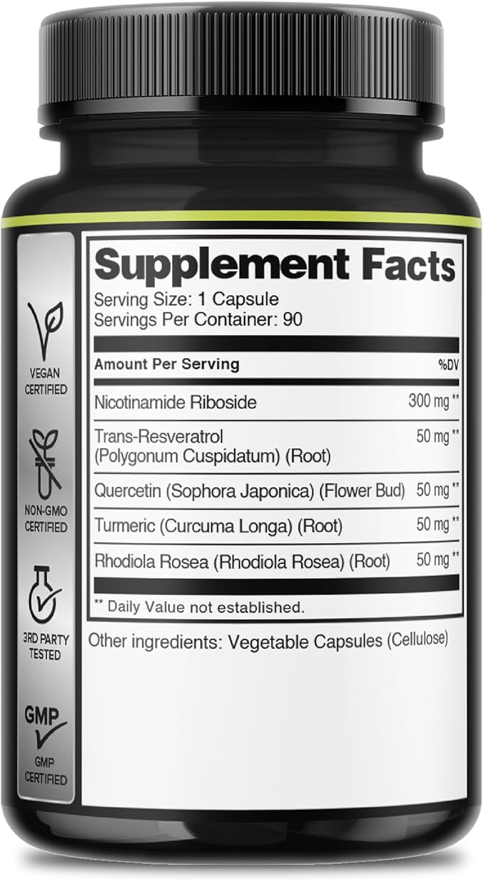 5in1+ Nicotinamide Riboside Supplement with Resveratrol, Quercetin, Turmeric, Rhodiola Rosea - 90 Count for 90 Days