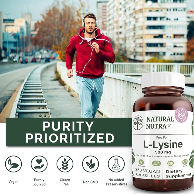 Natural Nutra L Lysine HCl, Promotes Bone Health and Growth, Support Skin Health, Improve Vitamin C Absorption, Helps Built Collagen, Improve Calcium Absorption, Non-GMO, Vegan, 500 mg, 250 Capsules.