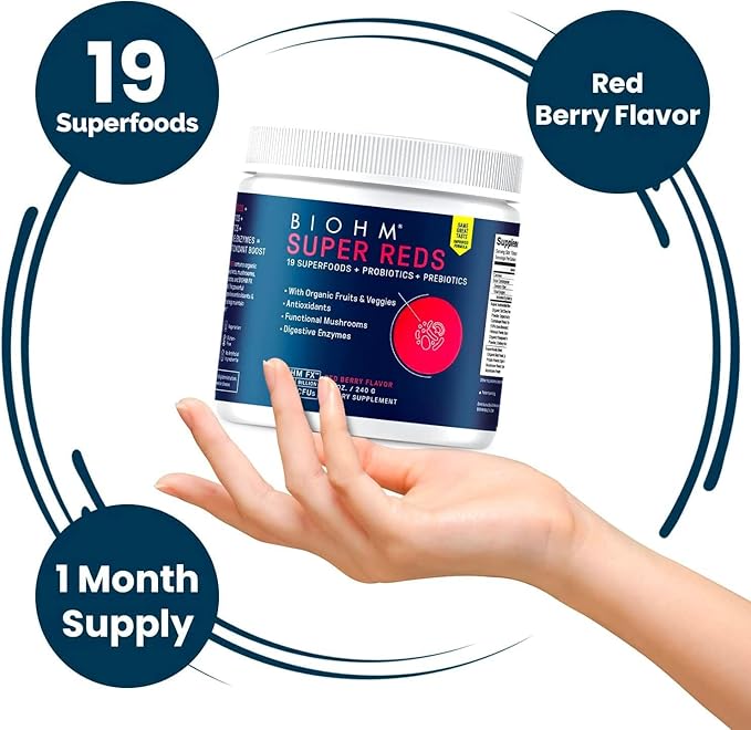BIOHM Super Reds, Beet Root Powder Antioxidant Beets and Smoothie Mix with Tart Cherry Extract and 19 Red Whole Foods Packed with Prebiotics and Probiotics, Non-GMO, Red Berry Flavor (30 Servings)
