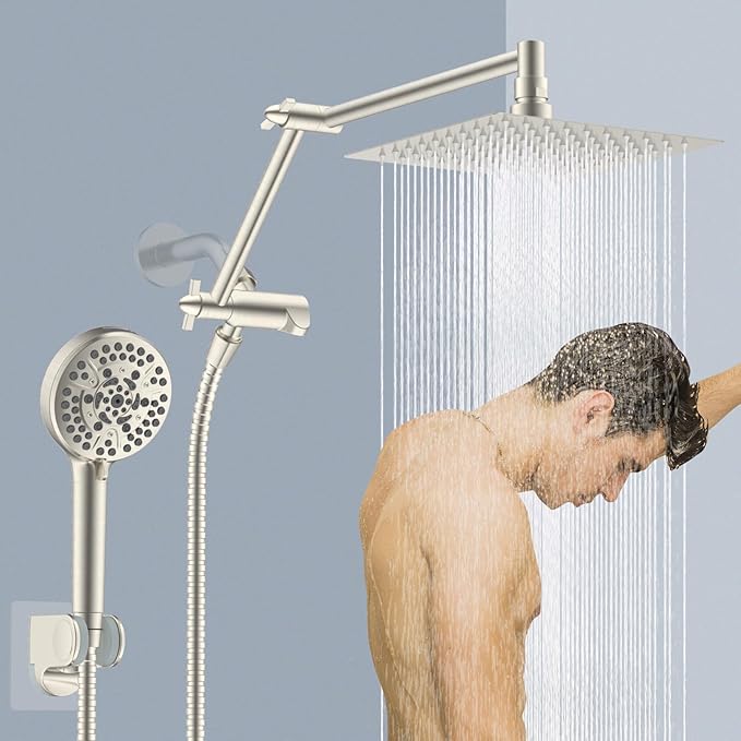 iFealClear Metal Rain Shower Head, 8” High Pressure Rainfall Shower Head with Handheld Spray, 10-Mode Handheld Powerful Wash, 16" Adjustable Extension Arm, Brushed Nickel