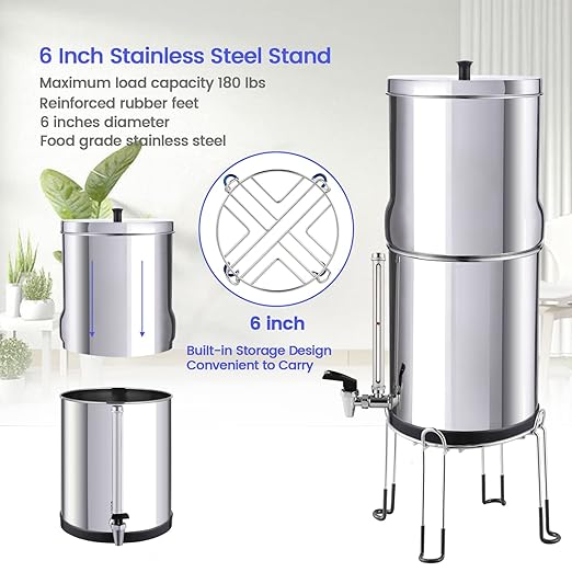 Amwater NSF/ANSI 42&372 Certification 3G Stainless Steel Gravity-Fed Water Filter System, Reduces Lead and up to 99% of Chlorine,with 4 Purification Filter,Sight Glass Spigot and 6inch Stand