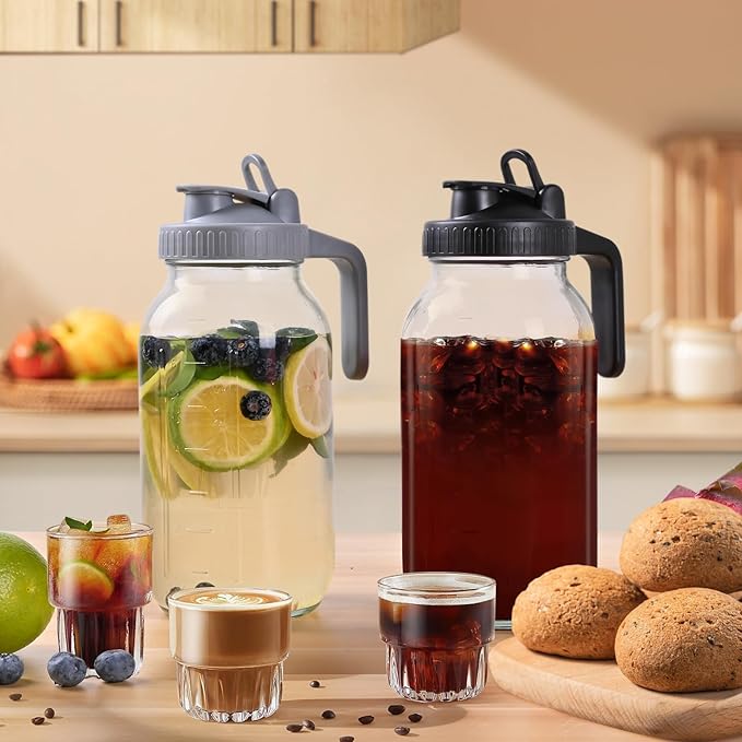 3 Packs 64OZ Glass Pitcher with Lid, Wide Mouth Mason Jar Water Jug, Leak-Proof Airtight Mason Jar for Cold Brew Coffee, Iced tea, Milk, Food Storage, Sun Tea
