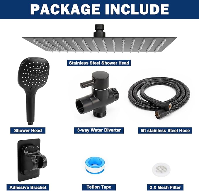 NearMoon Shower Head with Hose, High Pressure Stainless Steel Rain Shower and 3 Settings Handheld Spray Combo with Push Button Flow Control (12 Inch, Matte Black)