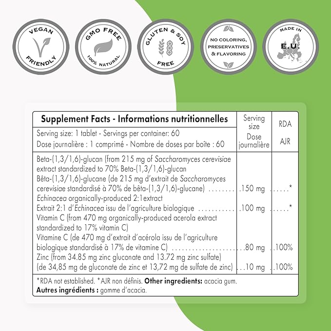 SUPERSMART - Immunity Booster - Immune System Booster Supplement - Sore Throat Coat - with Echinacea Extract, Beta Glucans, Vitamin C & Zinc | Non-GMO & Gluten Free - 60 Tablets