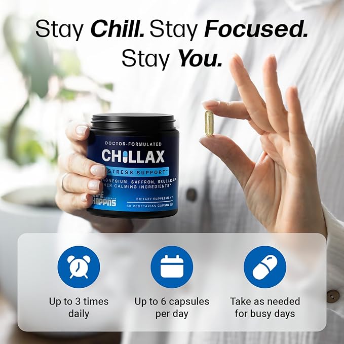 Life Happns Chillax, Calm Support Supplement, L Theanine, Magnesium, GABA and Saffron Supplements for Relaxation, Natural Mood Health Support for Adults, Calming and Relaxing, 60 Capsules