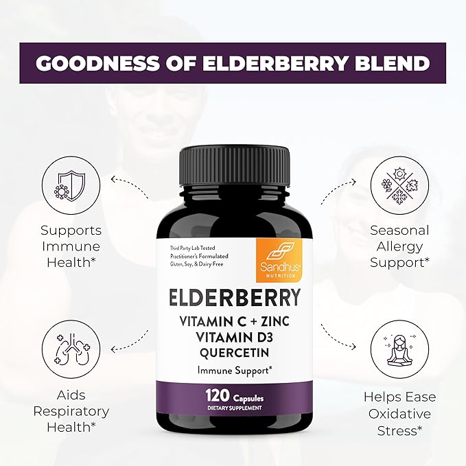 Sandhu's Elderberry Vitamin C Vitamin D3 with Zinc & Quercetin | Capsules for Men & Women | Supports Immune Health | 120 Count (Pack of 2)