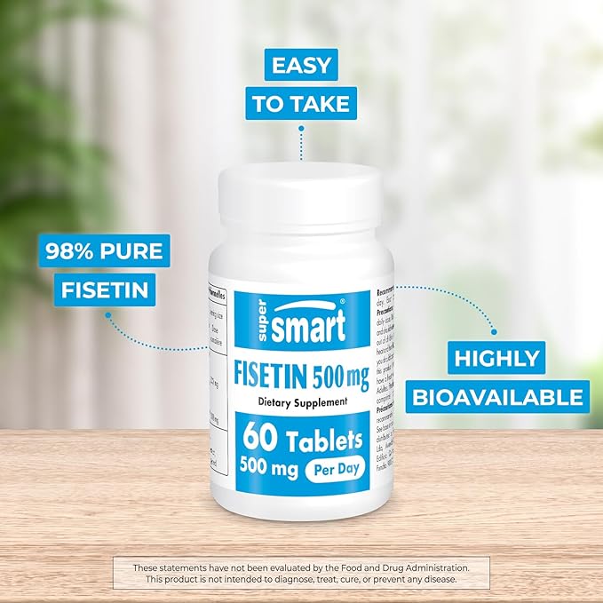Supersmart - Fisetin 500mg per Day (Easy-to-Take) - 98% Pure Fisetin Supplement - Highly Bioavailable Polyphenol - Potent Senolytic Activator | Non-GMO & Gluten Free - 60 Tablets