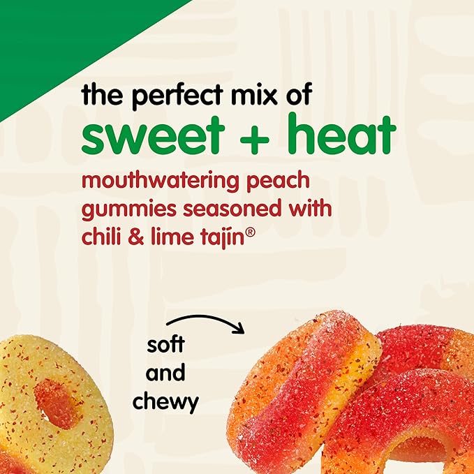 Snak Club Peach Rings, Tajin Chili & Lime Seasoned, Sweet and Spicy Gummy Candy, Mild in Heat Bold in Flavor, Low-Fat, Vegan, Gluten-Free Snack, Family Size, 11 Ounce
