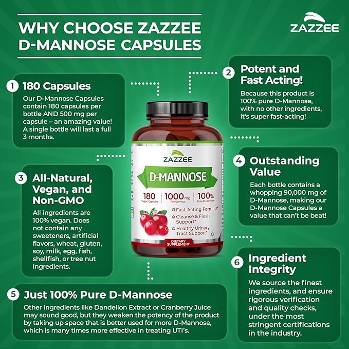 Zazzee D-Mannose, 1000 mg per Serving, 180 Vegan Capsules, 3 Month Supply, Potent & Fast-Acting, Certified Kosher, 100% Pure, All-Natural Urinary Tract Health UTI Support, 100% Vegetarian, Non-GMO