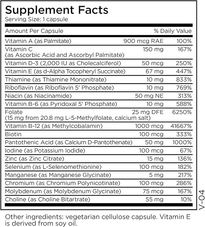 MethylPro Multivitamin + 15 mg Methylfolate - Iron Free Multivitamin for Women & Men with Vitamin A, C, Minerals, Methylated B Complex, Multi Vitamin Without Iron - 30 Capsules