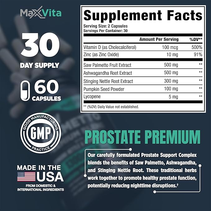 Prostate Premium - Saw Palmetto for Men, Stinging Nettle, Ashwagandha, Lycopene, Bladder & Urinary Relief, Prostate Supplement for Men, 60ct