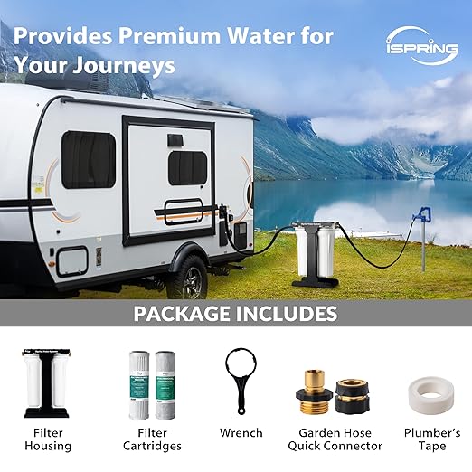 iSpring RV Water Filter System, SGS-Tested PFAS, Báctérïa & Viruses Removal, Reduces Chlorine, Sediments, and Odor, High Capacity Tankless Design, Lead-Free Brass Quick Connectors(Model: CW21-PFBV)